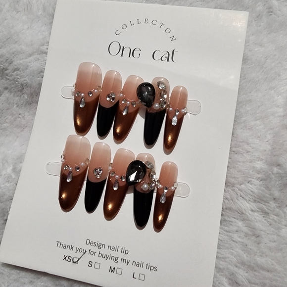 Long Press-On Nails with Nude, Black & Metallic Bronze Gems - Picture 2 of 2